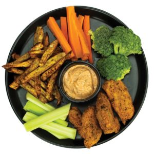 ALMOND CRUSTED CHICKEN TENDERS WITH MURASAKI FRIES, CARROTS, BROCCOLI, AND ZESTY RANCH