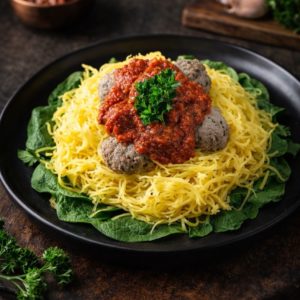 TURKEY MEATBALLS ON SPAGHETTI SQUASH AND SPINACH WITH MARINARA